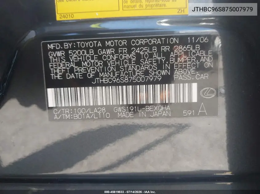 2007 Lexus Gs 450H VIN: JTHBC96S875007979 Lot: 45619833