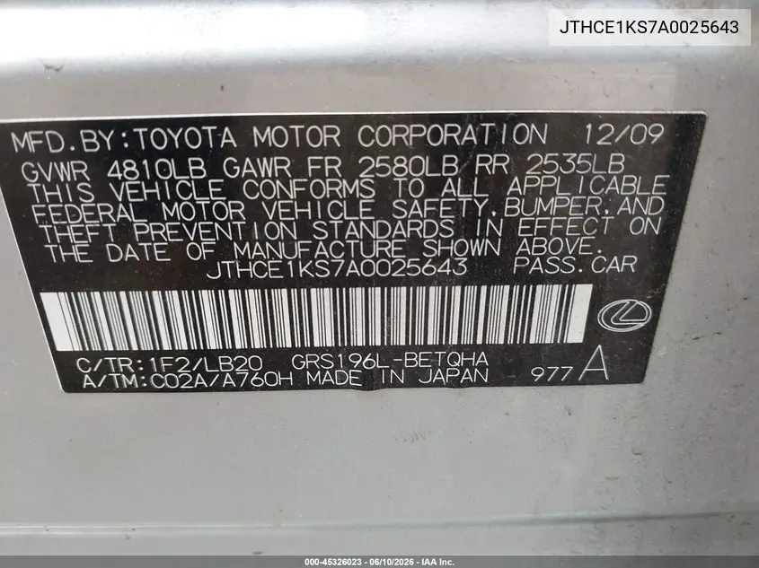 2010 Lexus Gs 350 VIN: JTHCE1KS7A0025643 Lot: 45326023