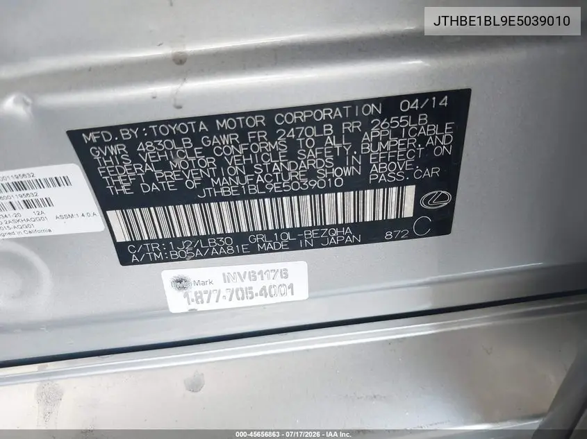 2014 Lexus Gs 350 VIN: JTHBE1BL9E5039010 Lot: 45656863