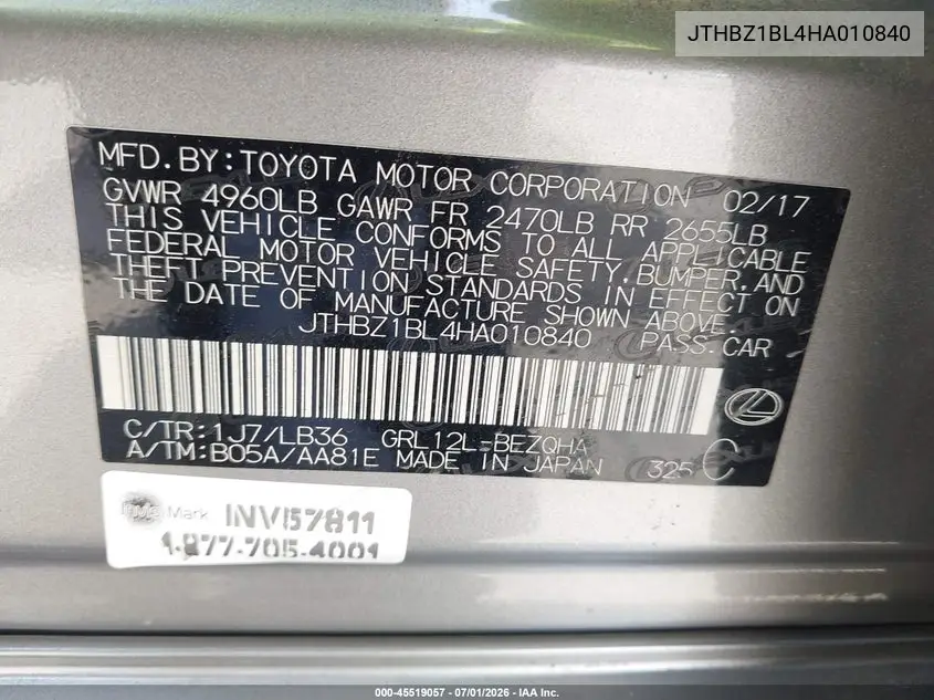 2017 Lexus Gs 350 F Sport VIN: JTHBZ1BL4HA010840 Lot: 45519057