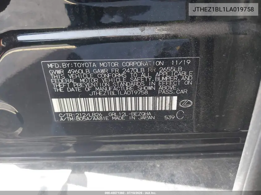 2020 Lexus Gs 350 F Sport VIN: JTHEZ1BL1LA019758 Lot: 45571360