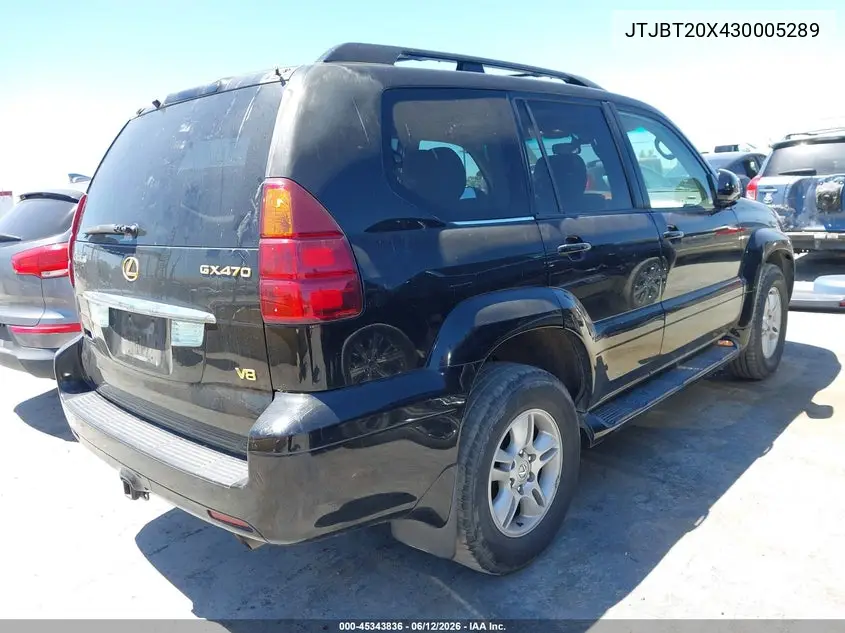 2003 Lexus Gx 470 VIN: JTJBT20X430005289 Lot: 45343836