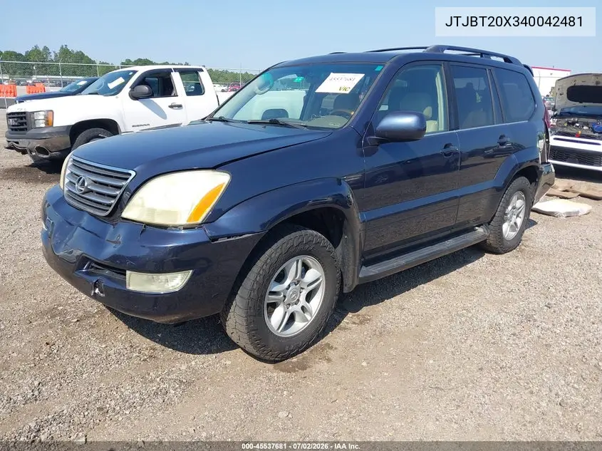 2004 Lexus Gx 470 VIN: JTJBT20X340042481 Lot: 45537681