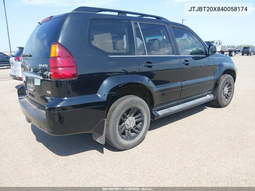 2004 Lexus Gx 470 VIN: JTJBT20X840058174 Lot: 45678911