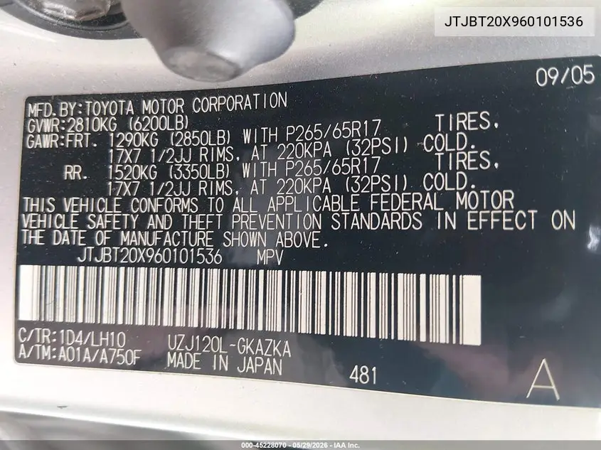 2006 Lexus Gx 470 VIN: JTJBT20X960101536 Lot: 45228070
