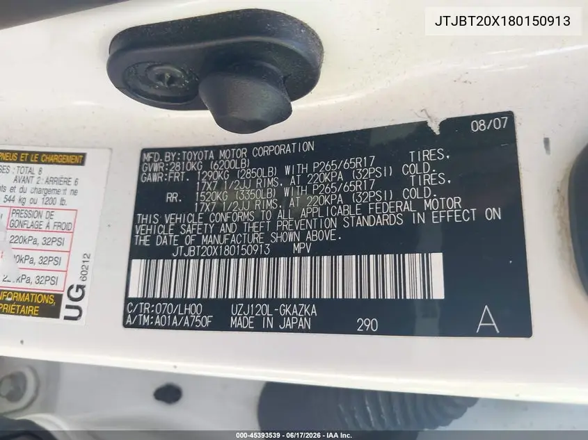 2008 Lexus Gx 470 VIN: JTJBT20X180150913 Lot: 45393539