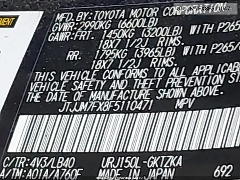 2015 Lexus Gx 460 Luxury VIN: JTJJM7FX8F5110471 Lot: 45481753