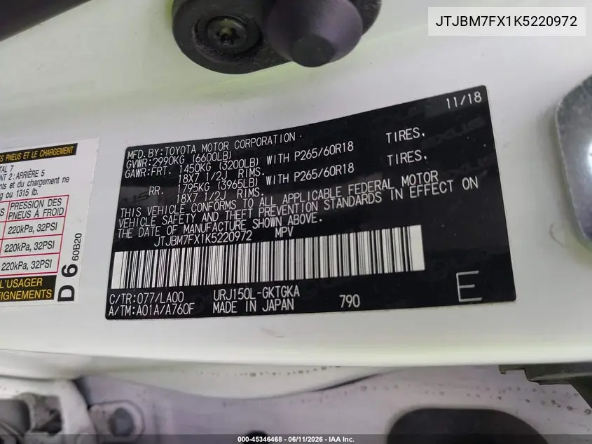 2019 Lexus Gx 460 Premium VIN: JTJBM7FX1K5220972 Lot: 45346468