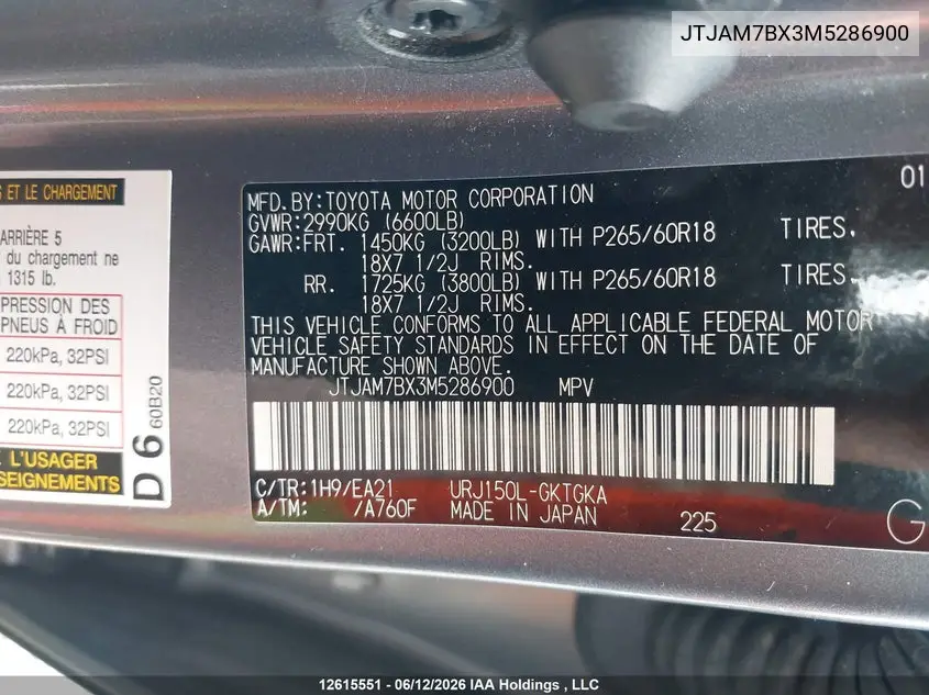 2021 Lexus Gx Gx 460 Premium VIN: JTJAM7BX3M5286900 Lot: 12615551