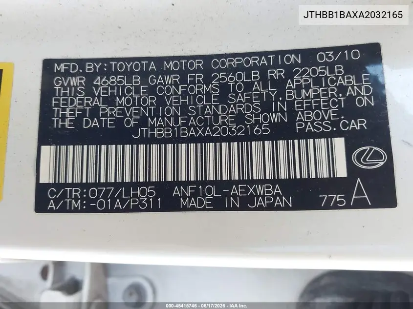 2010 Lexus Hs 250H Premium VIN: JTHBB1BAXA2032165 Lot: 45415746