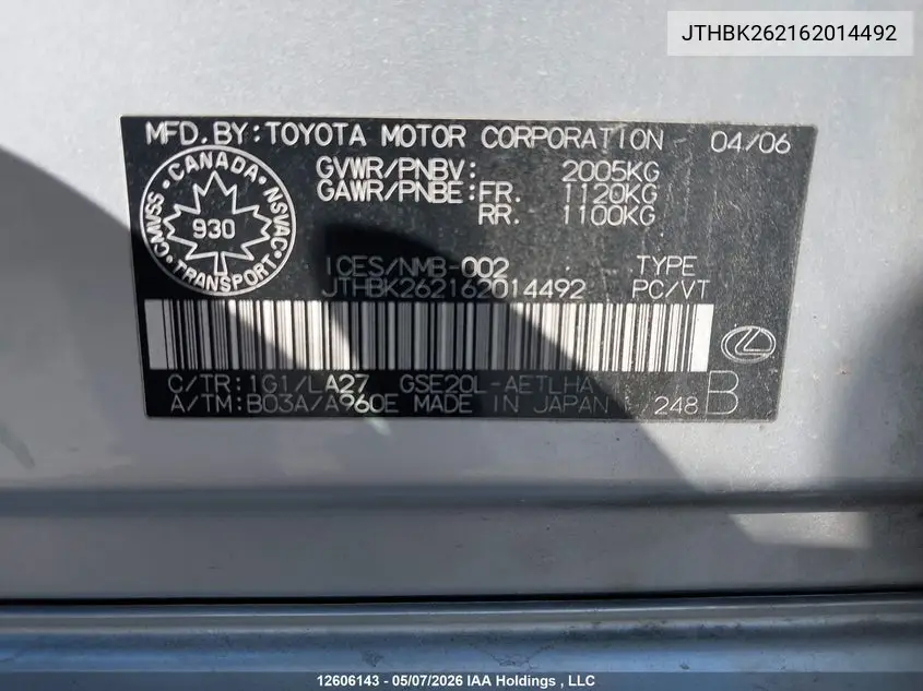 JTHBK262162014492 2006 Lexus Is 250