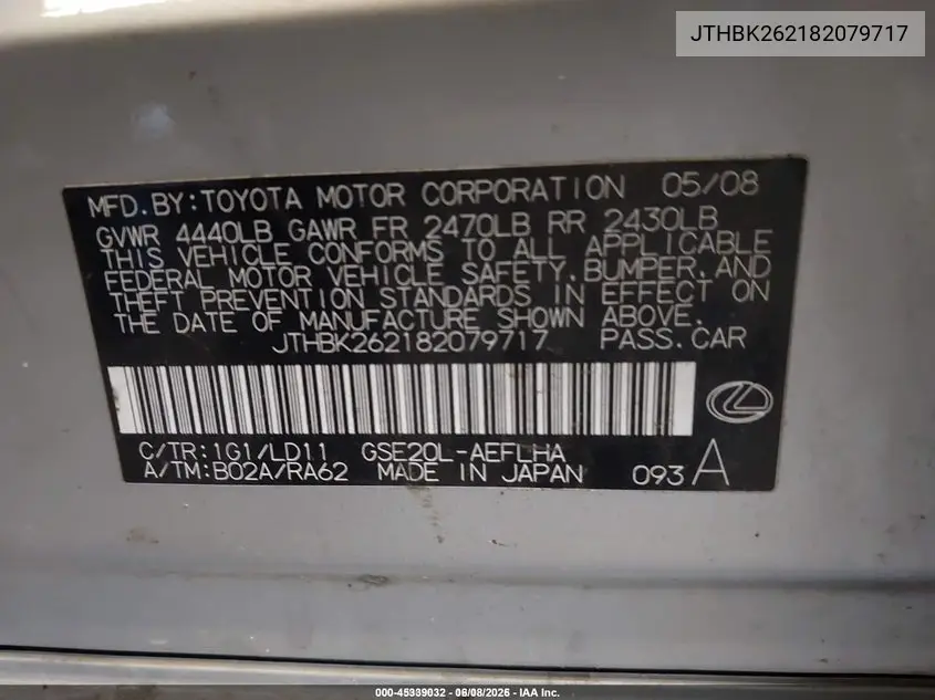 JTHBK262182079717 2008 Lexus Is 250