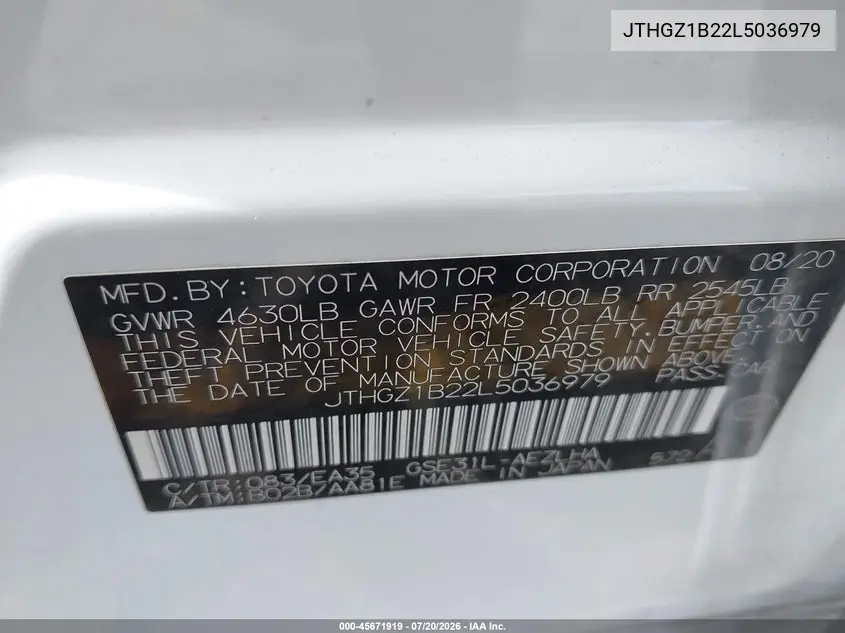2020 Lexus Is 350 VIN: JTHGZ1B22L5036979 Lot: 45671919
