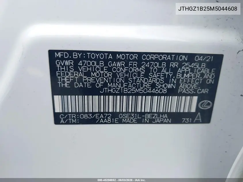 2021 Lexus Is 350 F Sport VIN: JTHGZ1B25M5044608 Lot: 45256852