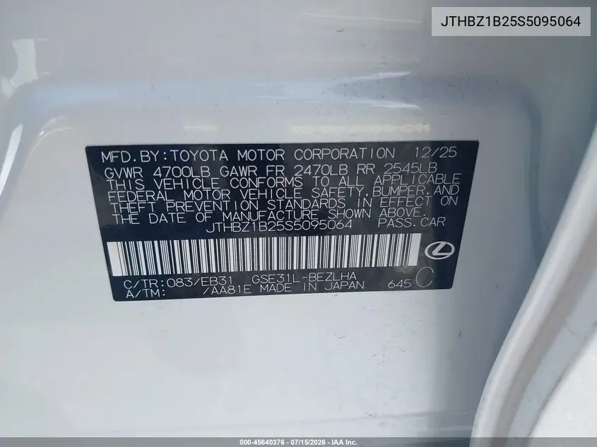 2025 Lexus Is 350 F Sport Design VIN: JTHBZ1B25S5095064 Lot: 45640376