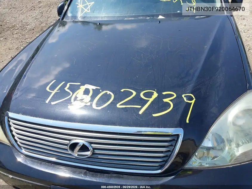 2002 Lexus Ls 430 VIN: JTHBN30F920064670 Lot: 45502939