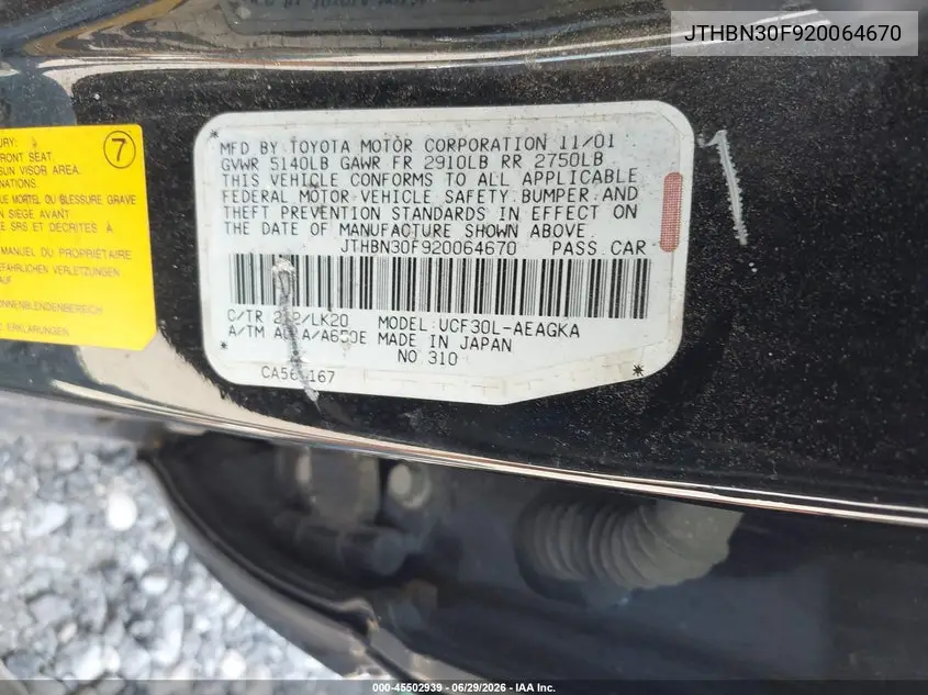 2002 Lexus Ls 430 VIN: JTHBN30F920064670 Lot: 45502939