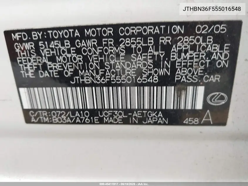 2005 Lexus Ls 430 VIN: JTHBN36F555016548 Lot: 45411917