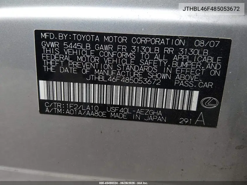 2008 Lexus Ls 460 VIN: JTHBL46F485053672 Lot: 45498324