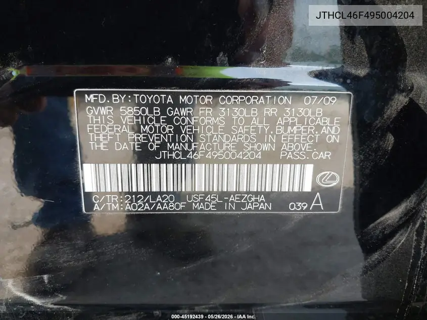 2009 Lexus Ls 460 VIN: JTHCL46F495004204 Lot: 45192439