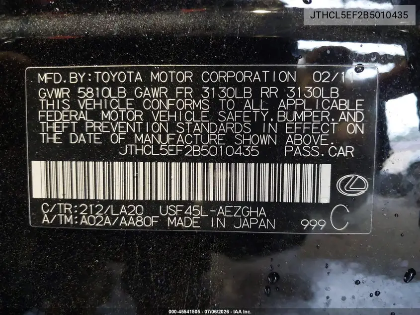 2011 Lexus Ls 460 VIN: JTHCL5EF2B5010435 Lot: 45541505