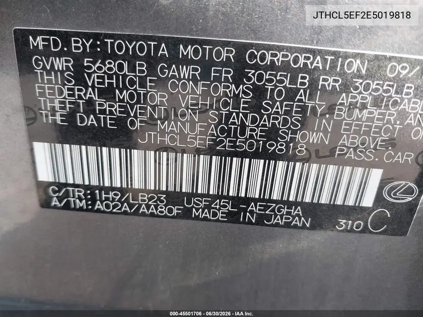 2014 Lexus Ls 460 VIN: JTHCL5EF2E5019818 Lot: 45501706