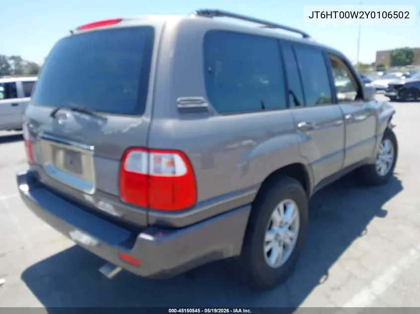 2000 Lexus Lx 470 VIN: JT6HT00W2Y0106502 Lot: 45150545