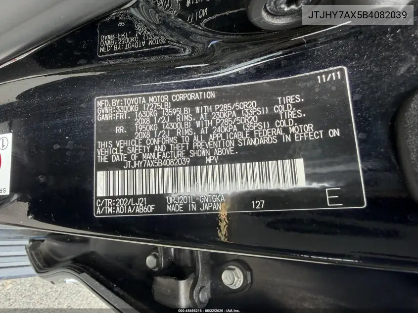 2011 Lexus Lx 570 VIN: JTJHY7AX5B4082039 Lot: 45456216