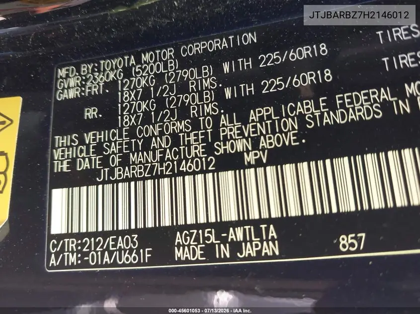 2017 Lexus Nx 200T VIN: JTJBARBZ7H2146012 Lot: 45601053