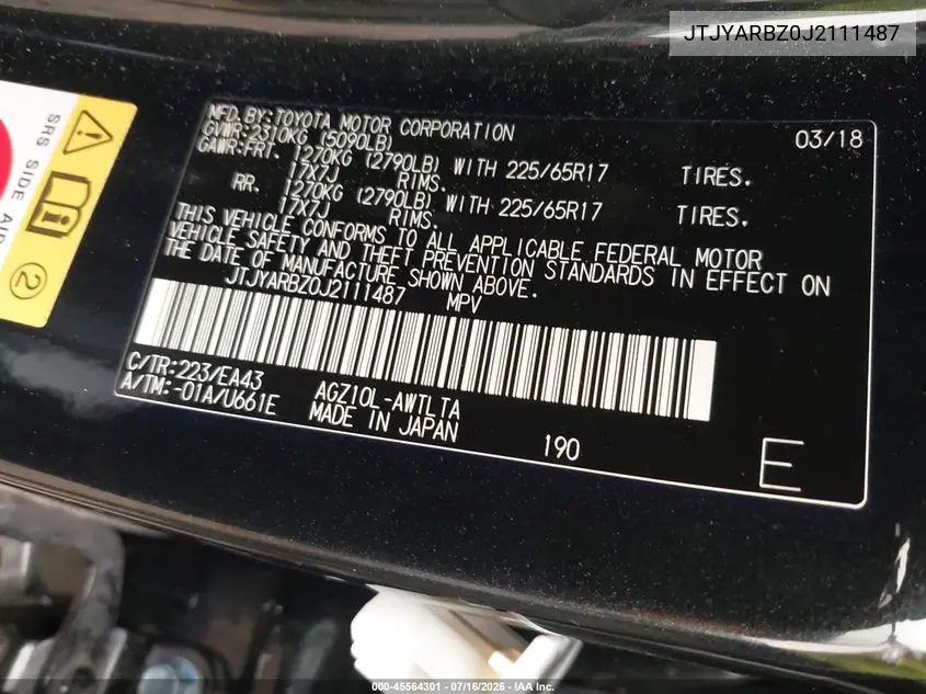 2018 Lexus Nx 300 VIN: JTJYARBZ0J2111487 Lot: 45564301