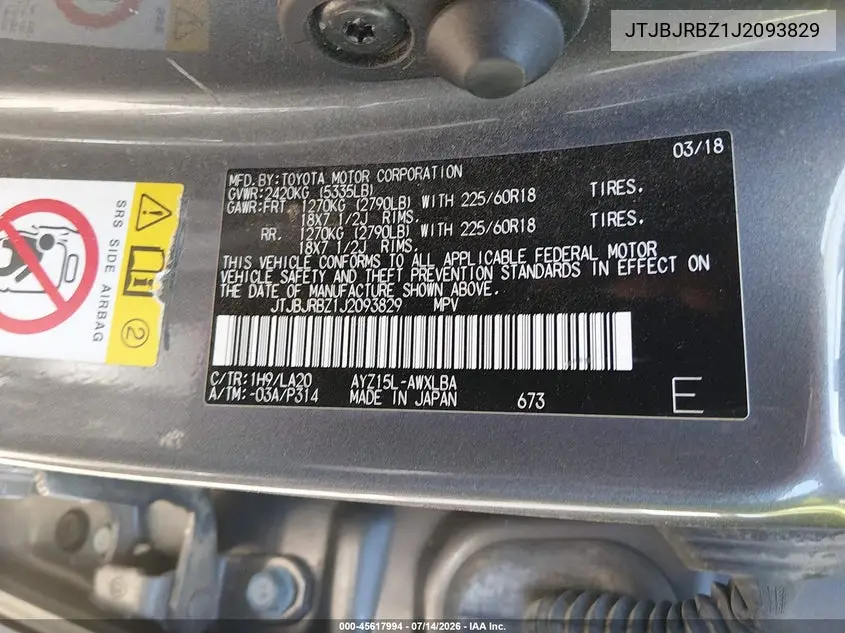 2018 Lexus Nx 300H VIN: JTJBJRBZ1J2093829 Lot: 45617994