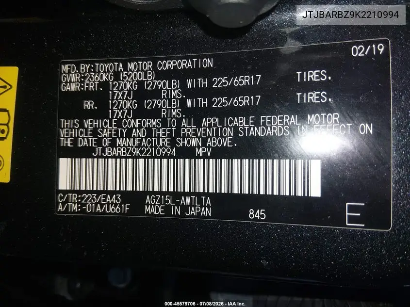 2019 Lexus Nx 300 VIN: JTJBARBZ9K2210994 Lot: 45579706