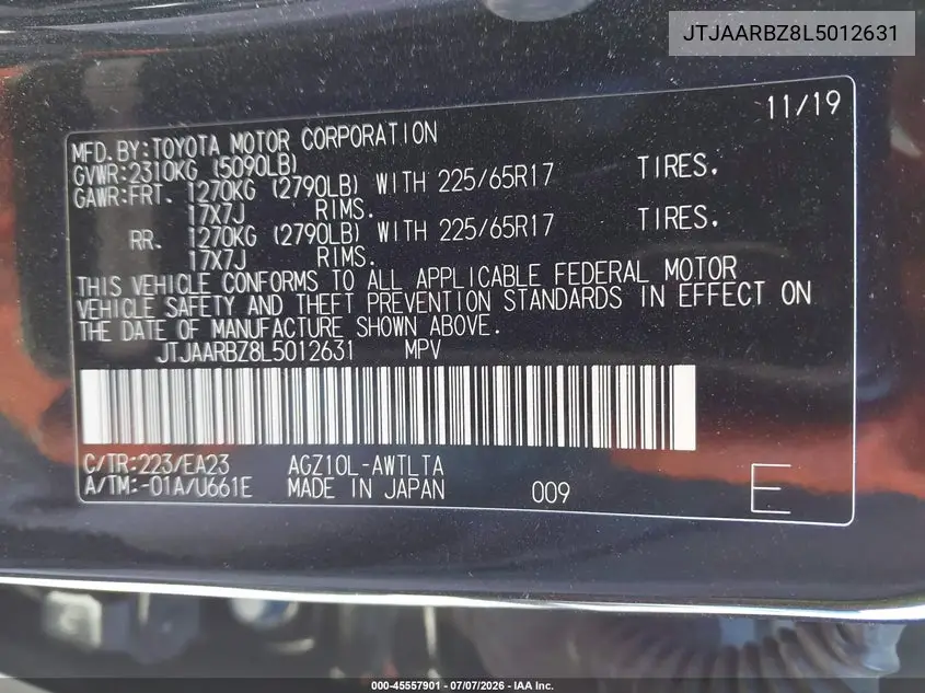 2020 Lexus Nx 300 VIN: JTJAARBZ8L5012631 Lot: 45557901