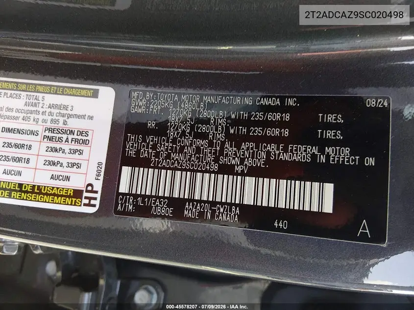 2025 Lexus Nx 250 VIN: 2T2ADCAZ9SC020498 Lot: 45578207