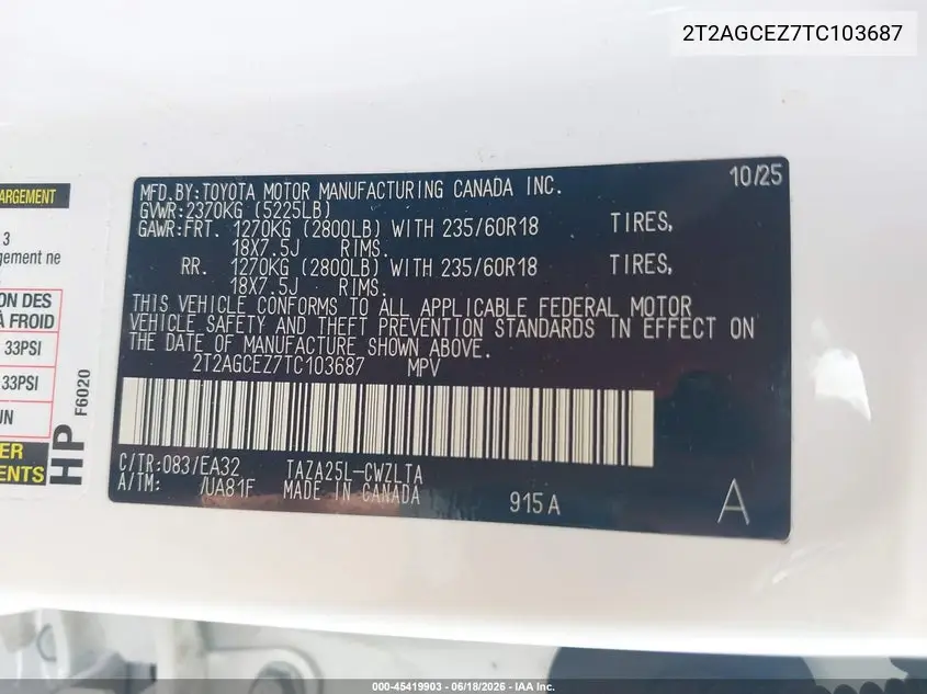 2026 Lexus Nx 350 VIN: 2T2AGCEZ7TC103687 Lot: 45419903