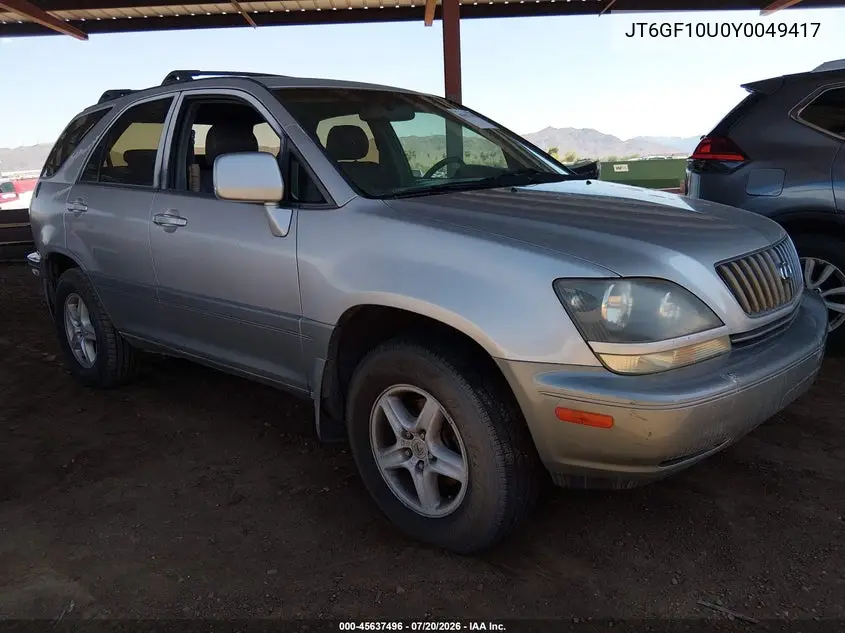 2000 Lexus Rx 300 VIN: JT6GF10U0Y0049417 Lot: 45637496