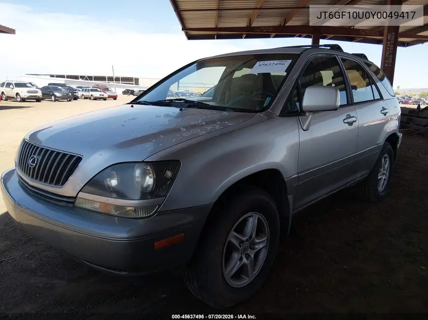 2000 Lexus Rx 300 VIN: JT6GF10U0Y0049417 Lot: 45637496