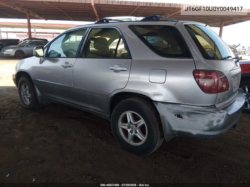 2000 Lexus Rx 300 VIN: JT6GF10U0Y0049417 Lot: 45637496