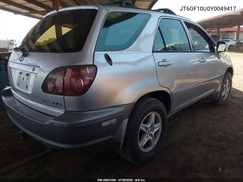 2000 Lexus Rx 300 VIN: JT6GF10U0Y0049417 Lot: 45637496