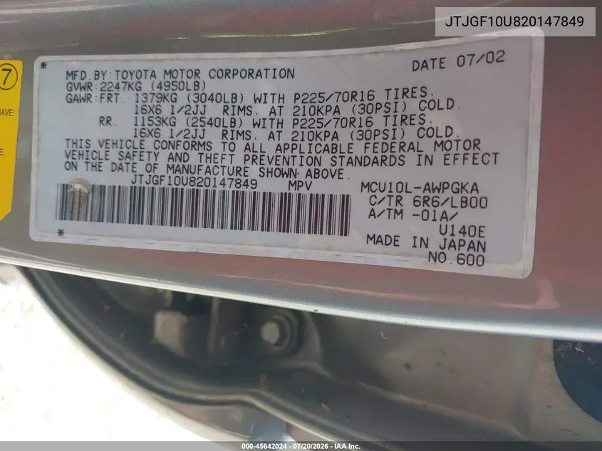 2002 Lexus Rx 300 VIN: JTJGF10U820147849 Lot: 45642024