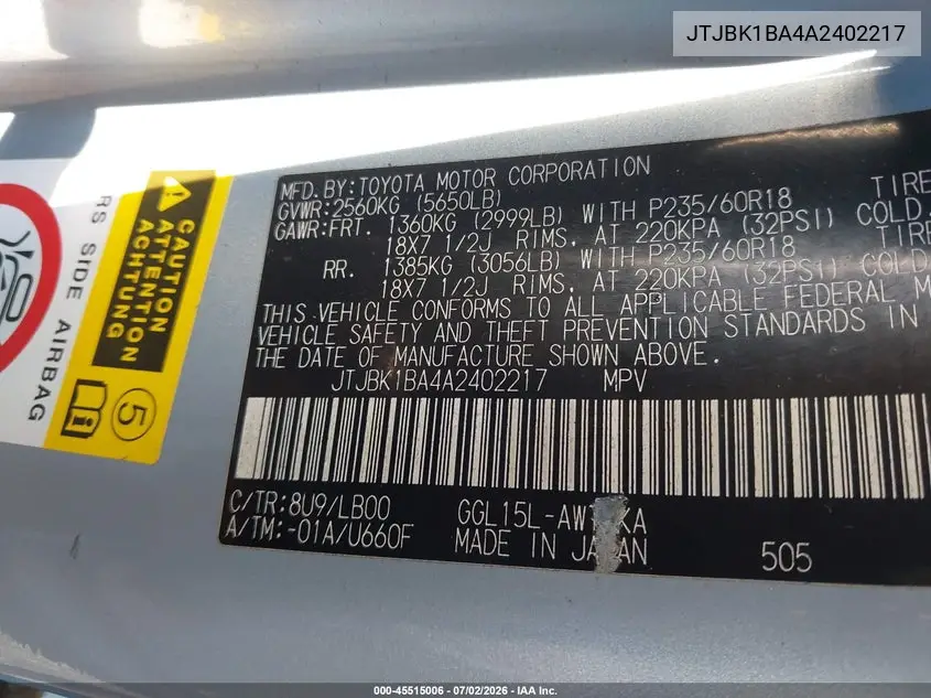 2010 Lexus Rx 350 VIN: JTJBK1BA4A2402217 Lot: 45515006