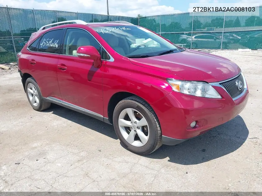 2010 Lexus Rx 350 VIN: 2T2BK1BA2AC008103 Lot: 45576186