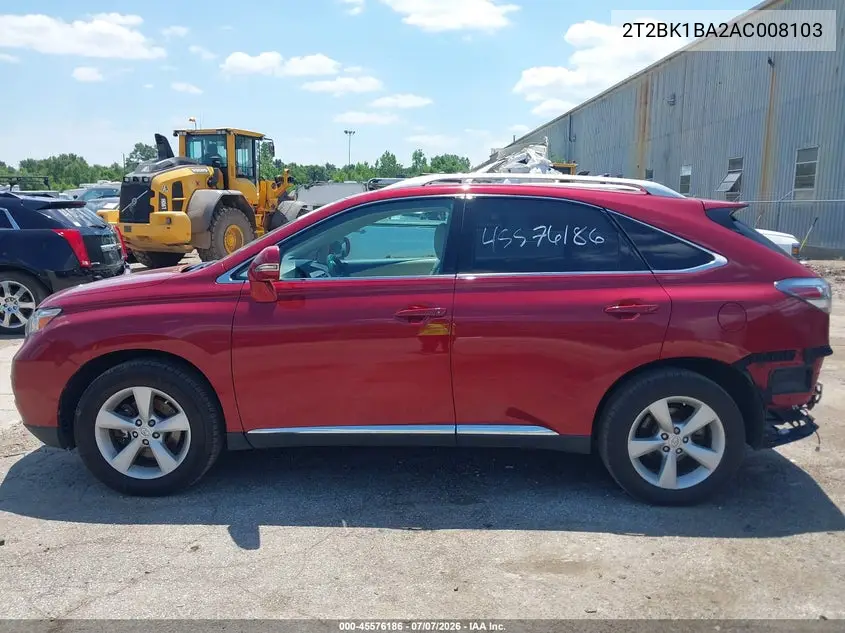 2010 Lexus Rx 350 VIN: 2T2BK1BA2AC008103 Lot: 45576186