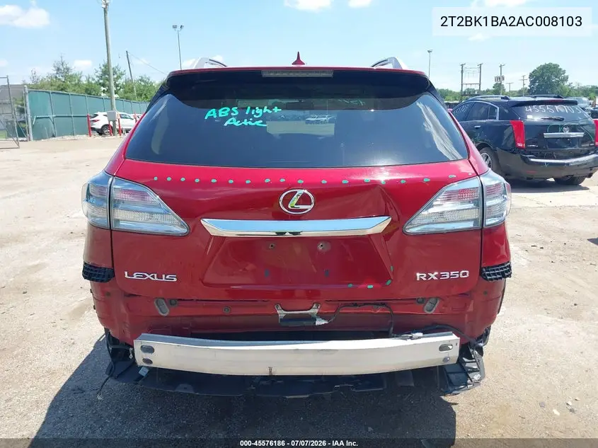2010 Lexus Rx 350 VIN: 2T2BK1BA2AC008103 Lot: 45576186