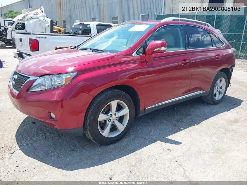 2010 Lexus Rx 350 VIN: 2T2BK1BA2AC008103 Lot: 45576186