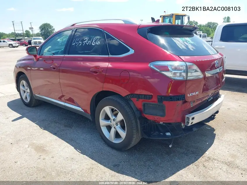 2010 Lexus Rx 350 VIN: 2T2BK1BA2AC008103 Lot: 45576186