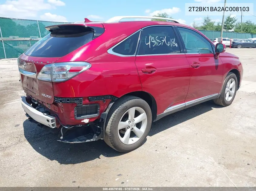 2010 Lexus Rx 350 VIN: 2T2BK1BA2AC008103 Lot: 45576186