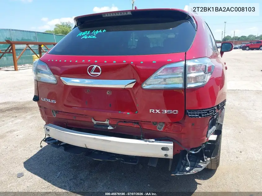 2010 Lexus Rx 350 VIN: 2T2BK1BA2AC008103 Lot: 45576186