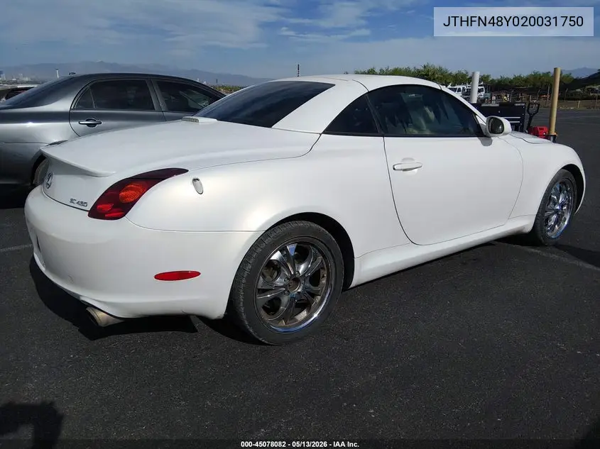 2002 Lexus Sc 430 VIN: JTHFN48Y020031750 Lot: 45078082