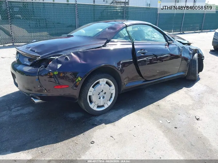 2004 Lexus Sc 430 VIN: JTHFN48Y840058519 Lot: 45177514